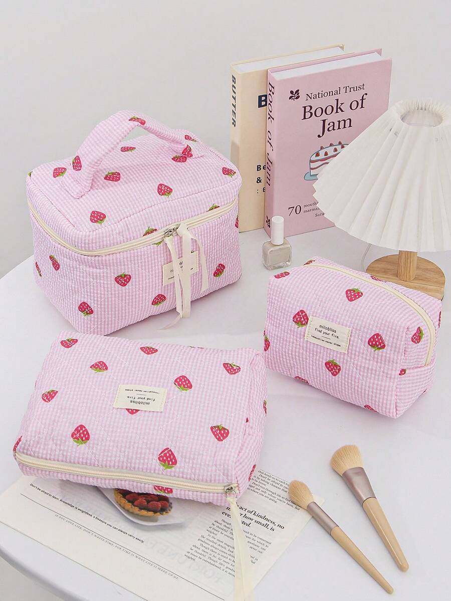 Pink Strawberry Pattern Cosmetics Storage Bag With Quilted Design Fashionable Travel Toiletry Bag With Ribbon Cute Children's Make Up Bag With Zipper Large Capacity Makeup Pouch Portable Daily Organizer Bag Good Idea For Back To School Gift, Children's Day Gift, Graduation Gift, Birthday Gift For Daughters, Sisters, Friends, Classmates, Roommates
