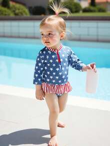 Toddler Girl Rash Guard Swimsuit Star Print Long Sleeve Zip Tops With Ruffled Shorts 2 Pcs Bathing Suit - Blue - View 1