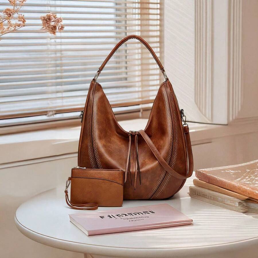 Sheonly US Mid-West Style Hobo Tote Bag 2pcs Set - Handbag & Wallet - Camel - View 1