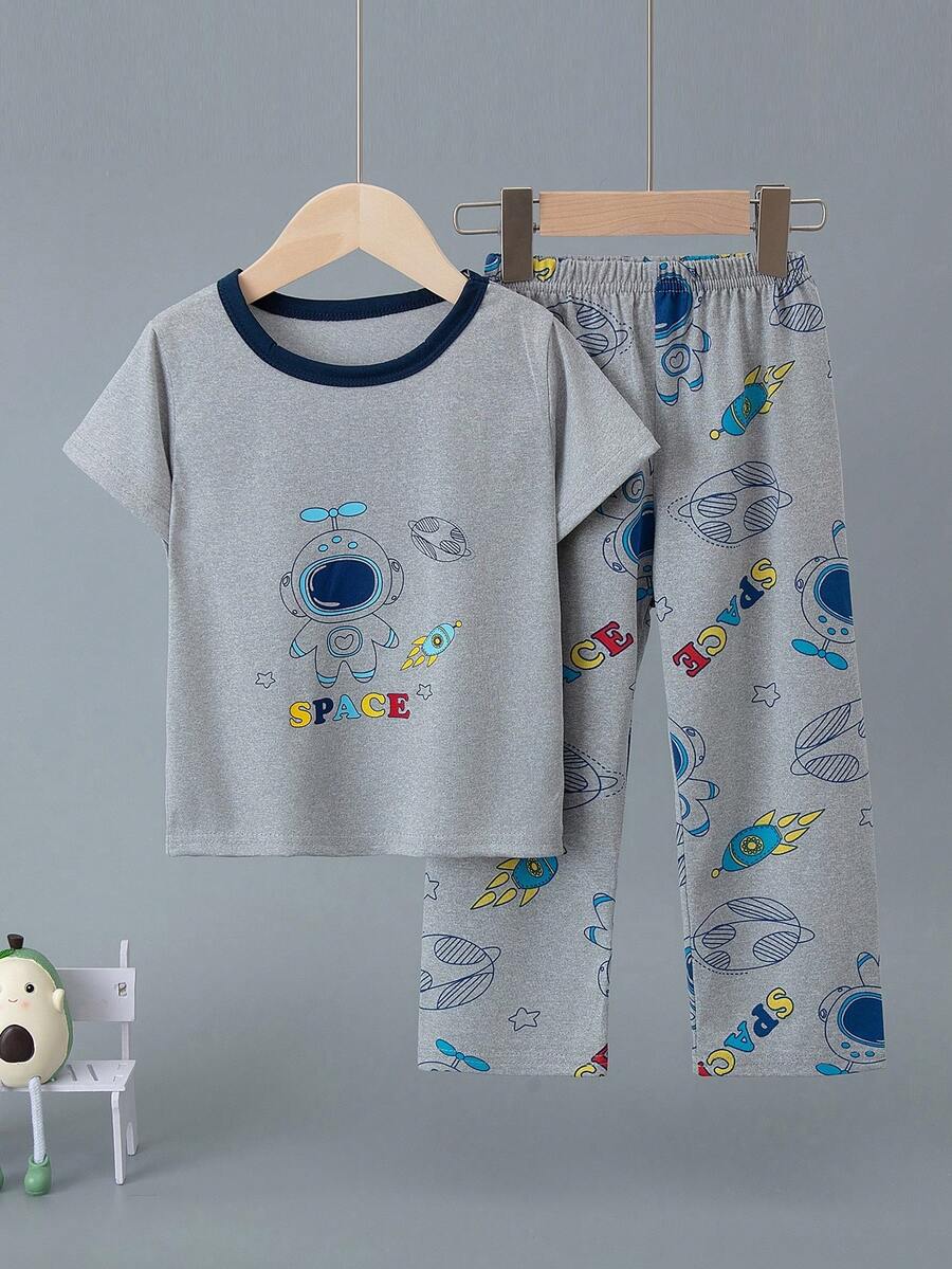 2Pcs Boys Cartoon Truck & Dinosaur Print Short Sleeve Top And Pants Casual Loungewear Set, Lightweight Spring/Summer
