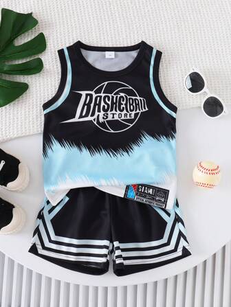 2pcs/Set Summer Kids/Toddler Digital 24 Print Mesh Round Neck Tank Top And Shorts Set, For 3-7 Years Old Student, Casual, Sports, Basketball