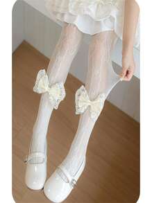 1 paire de leggings princesse délicats en dentelle pour filles - collants respirants et fins pour le printemps et l'été, collants à pattes d'éléphant en maille blanche avec un ourlet à volants et un accent nœud