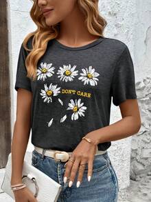 Playera dama mujer manga corta cuello redondo basica estampado flores margarita - Gris - Ver 1