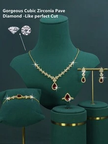 5pcs Gold-Plated Bridal Wedding Jewelry Set, Handmade With Red & Green Cubic Zirconia, Including Necklace, Bracelet, Earrings, Ring, Suitable For Daily Wear And Wedding Ceremonies, Wedding Anniversary Gift - Gold - View 4
