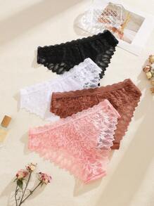 Set de 4 piezas de bragas de mujer con encaje sin costuras, unicolor, con diseño sexy y romántico