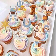 18pcs/Set Cowboy Cupcake Toppers, Horseshoe, Cowboy Hat, Boot, Cactus Themed Birthday Party Cake Decorations - Multicolor - View 3