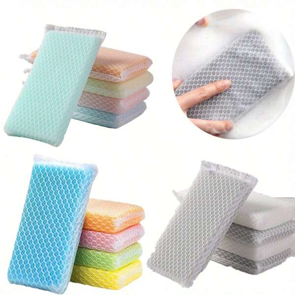 Kitchen Cleaning Sponge 3pcs Set - Dish Brush With Mesh For Debris Removal - Scouring Cloth For Pot And Pan Cleaning