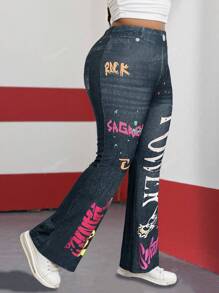 Women Plus Size Colorful Letter Print Denim Effect Pocket Flared Pants
