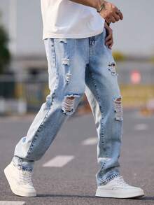 1 pieza de pantalones vaqueros desgastados y rotos para hombre, pantalones casual de pierna recta, lavado vintage con ajuste holgado para uso diario - Azul - Ver 1