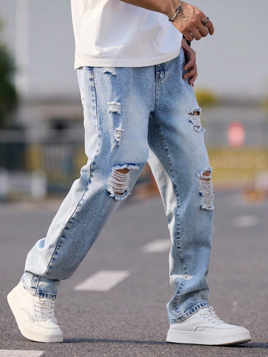 1 pieza de pantalones vaqueros desgastados y rotos para hombre, pantalones casual de pierna recta, lavado vintage con ajuste holgado para uso diario - Azul - Ver 1