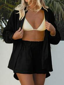 Women's Casual Summer Black Loose & Comfortable Commuting Single-Breasted Multi-Button Shirt And Wide Leg Shorts Set