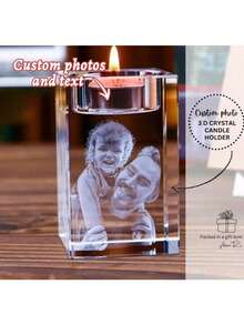 1pc Customized Photo & Text Personalized Crystal Candle Holder, Transforming Photo Into 3D Visual Pattern, Warm And Touching, Suitable As Father's Day, Birthday Gift, Memorial Decoration Or Home & Office Decor, Exclusive Custom Memorial Item To Express Family Sentiment