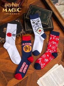 4 Pairs Harry Potter Style College Logo Breathable Socks For Men & Women, Retro Mid-Calf Socks, Gift Idea, School Theme, Christmas, Student Couples - Multicolor - View 4