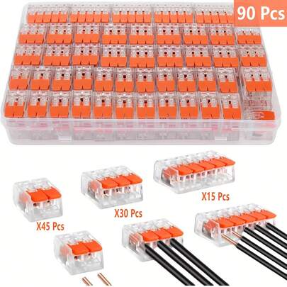 90pcs Electrical Quick Connectors, Lever Wire Nut Connector Kit, DIY Wire Connectors (28-12 AWG), 2/3/5 Port Push-In Electrical Terminal Blocks, Plug-In Connector Terminal Blocks, Mini Fast Wire Connectors, Cable Terminals
