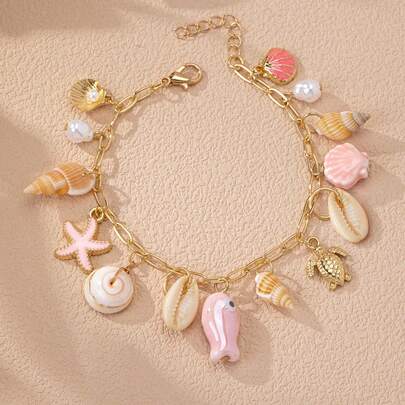 1pc Summer Ocean Life Theme Bracelet, Beach Style Starfish & Shell Pendant Bracelet, Bohemian Vacation Jewelry For Women