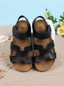 一双女童平底凉鞋，露趾波西米亚凉鞋，舒适软木鞋底，适合派对的复古经典鞋款，街头风格，复古休闲装，春夏新品，舒适的大学生罗马凉鞋。 - 黑色 - 查看 4