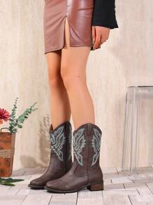 Women's Chunky Heel Slip-On Embroidered Coffee Brown Western Boots, Square Toe Mid-Calf Boots, Fashion Versatile Cowboy Boots For Autumn/Winter, New Design Short Brown Wooden Heel Cowgirl Boots