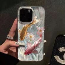 Elegant Lucky Feather Pattern Phone Case With Koi Fish & Lotus Flower Design, Symbolizing Good Fortune, Compatible With Apple 16, 15, 14, 13, 12, 11 Pro Max, XS, XR Waterproof Shockproof Anti-Fall Scratch Resistant