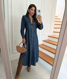 Simple Casual Long Denim Chamise Dress With Pocket Button - Navy Blue - View 4