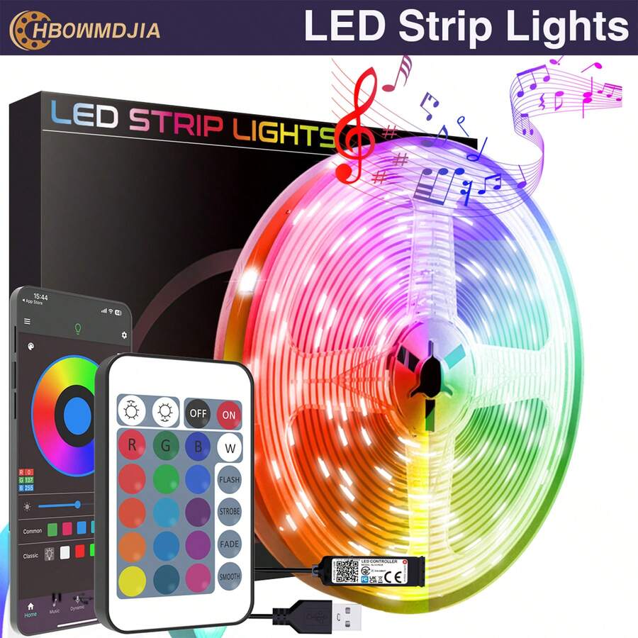 Luz LED para dormitorio, Luces LED RGB, Control remoto de 44 teclas y APP, Pueden cambiar de color de forma sincrónica con la música, Pueden programarse, Ajustar el brillo, Muy fácil de instalar, Luces LED adecuadas para decoración de habitación infantil, Decoración del hogar, Decoración de pared