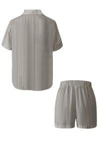Women's Fashion Casual Vacation 2 Pieces Set, Linen-Like Striped Lapel Sleeveless Shirt Blouse Top And Elastic Waist Pocket Shorts, Casual Vacation Outfit