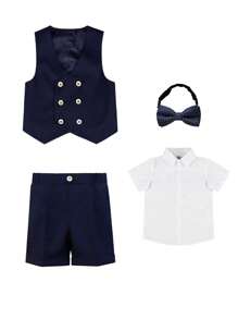 4 Peças Conjunto de Verão para Meninos Jovens - Colete + Shorts + Camisa de Manga Curta + Gravata Borboleta, Adequado para Apresentações Escolares, Pajens de Casamentos, Ocasiões de Feriados