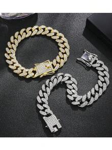 1 Set Hip-Hop Punk Stainless Steel Rhinestone Chain Bracelet & Necklace Set, Minimalist Casual Suitable For Everyday Wear For Men - Necklace+Bracelet - View 7