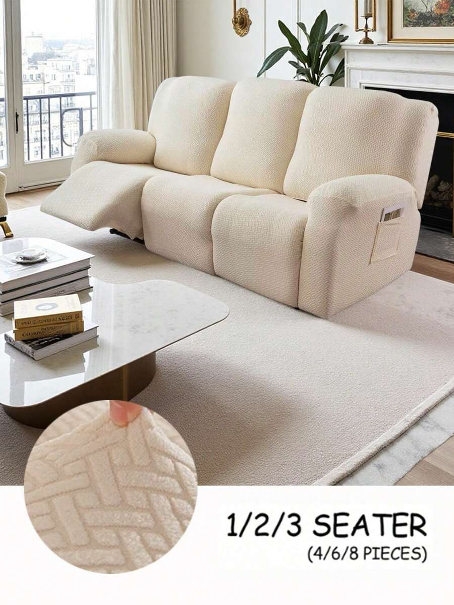 1/2/3 Seater Recliner Sofa Covers Stretch Jacquard Reclining Couch Covers For Reclining Sofa Relax Armchair Slipcovers Furniture Covers, 4pcs/6pcs/8pcs - Beige - View 1