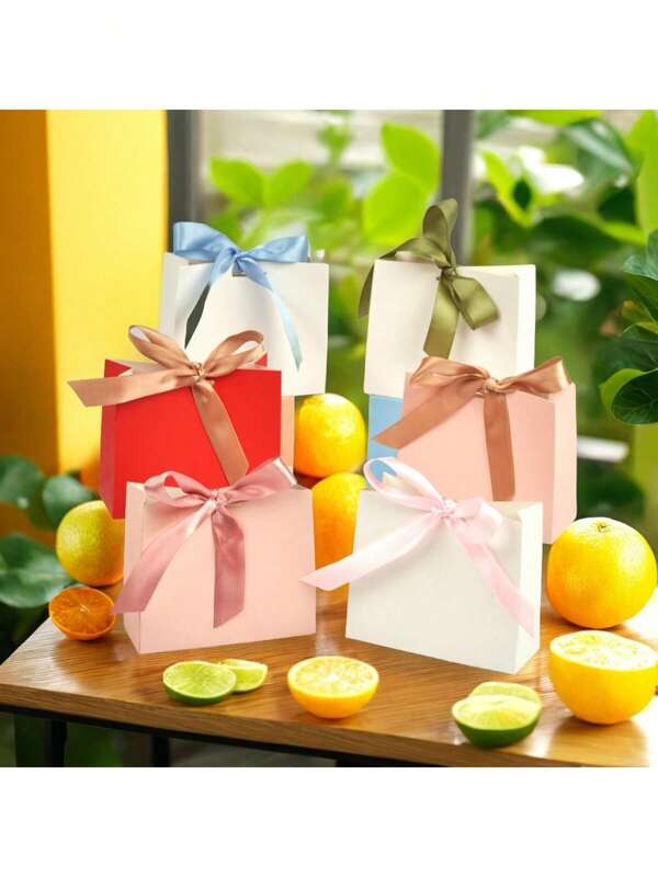 6pcs Plain Paper Bags, Small Gift Bags, Party Small Gift Boxes, Return Gift Pouches, Red, White, Pink Gift Bags With Ribbons, Suitable For Valentine's Day, New Year, Anniversary And Other Occasions
