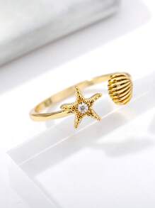 Gold Shell Ring Beach Themed Adjustable Rings; Ocean Inspired Jewelry; Starfish & Seashell Rings; Boho Summer Gift For Women