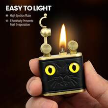 Cool Kerosene Lighters Fluid Refillable, Cute Cat Pipe Lighter With Removable Brass Lighter Case/Insert, Reusable Vintage/Antique Trench Flint Lighter, Unique Gifts For Men Women (Black) - Gold - View 4