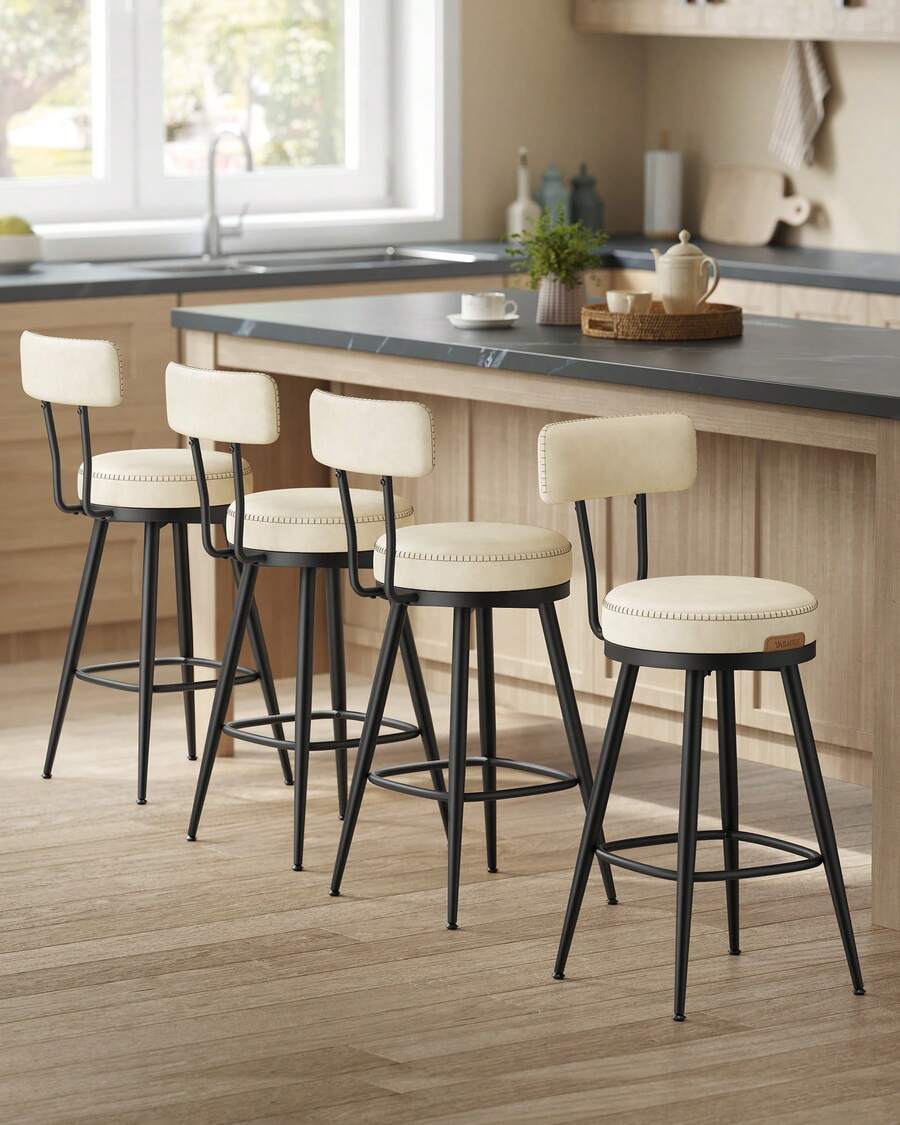 VASAGLE Bar Stools Set Of 2, Counter Height Swivel Bar Stools With Back, Synthetic Leather With Stitching, Mid-Century Modern, 25.6-Inch Tall, Kitchen Home Bar - trắng - Xem 1