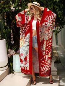 Plus Size Women's Leaf Print Vacation Cardigan Kimono Long Sleeved Dress Bikini Cover Up Bohemian Style Summer - Red - View 2