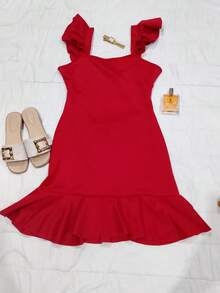 Vestido color bugambilia , unitalla de 30 a 34  Liso  Elegante    Bajo con volante  Capas relajadas  Volante fruncido - Rojo - Ver 3