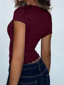 Women Short Sleeve Tie Wrap Top Y2K Slim Fit Deep V Neck Low Cut Tie Up Yoga T Shirt Summer Workout Ballet Blouse - 酒紅色 - 查看 2