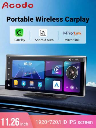  Acodo Nueva Pantalla táctil IPS de 11.26 pulgadas Reproductor multimedia de radio CarPlay inalámbrico portátil MP5 compatible con Apple o Android Auto