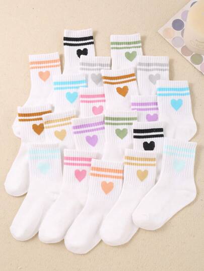 10 par dziecięcych białych losowych pasków z wzorem serca, rozciągliwych, miękkich skarpetek do codziennego użytku i uprawiania sportu, uniwersalnych i swobodnych, oddychających i wygodnych, odpowiednich dla dzieci w wieku 1-14 lat, skarpetek dla nastolatek