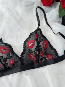 1 Set di lingerie sexy da donna in 3 pezzi con ricamo di labbra rosse in rete trasparente, body con inserti in pizzo