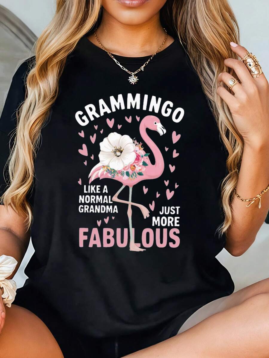 Grammingo Like A Normal Grandma Just More Fabulous - Cute Flamingo Graphic T-Shirt For Women, Casual Summer Tee, Gift For Grandmas - 黑色 - 查看 1