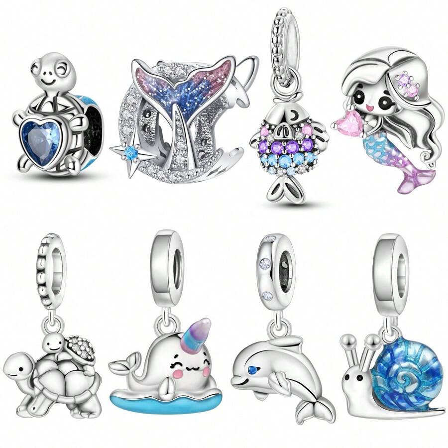 1 Pc Silver Plated Charm Cute Marine Life Dolphin Turtle Mermaid Bead Pendant For Original Bracelet Necklace DIY Jewelry Making Fit Women Birthday Gift