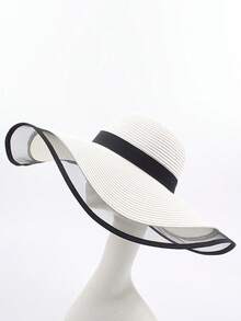 女士宽边沙滩草帽，网眼拼接防晒帽，遮挡面部阳光，适合海边旅行，时尚百搭 - 帽子 - 查看 6