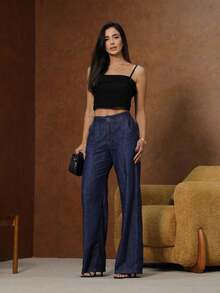 Women's High Waisted Flared Jeans With Elastic Waistband - 藏蓝色 - 查看 5