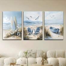 Set de 3 piezas, Pintura en lienzo - Sin marco, Tablas de surf, Sillas, Barcos, Pósters e impresiones, Sala de estar, Biblioteca, Oficina, Cafetería, Bar, Arte abstracto, Regalo perfecto para cumpleaños, días festivos, San Valentín, Pascua