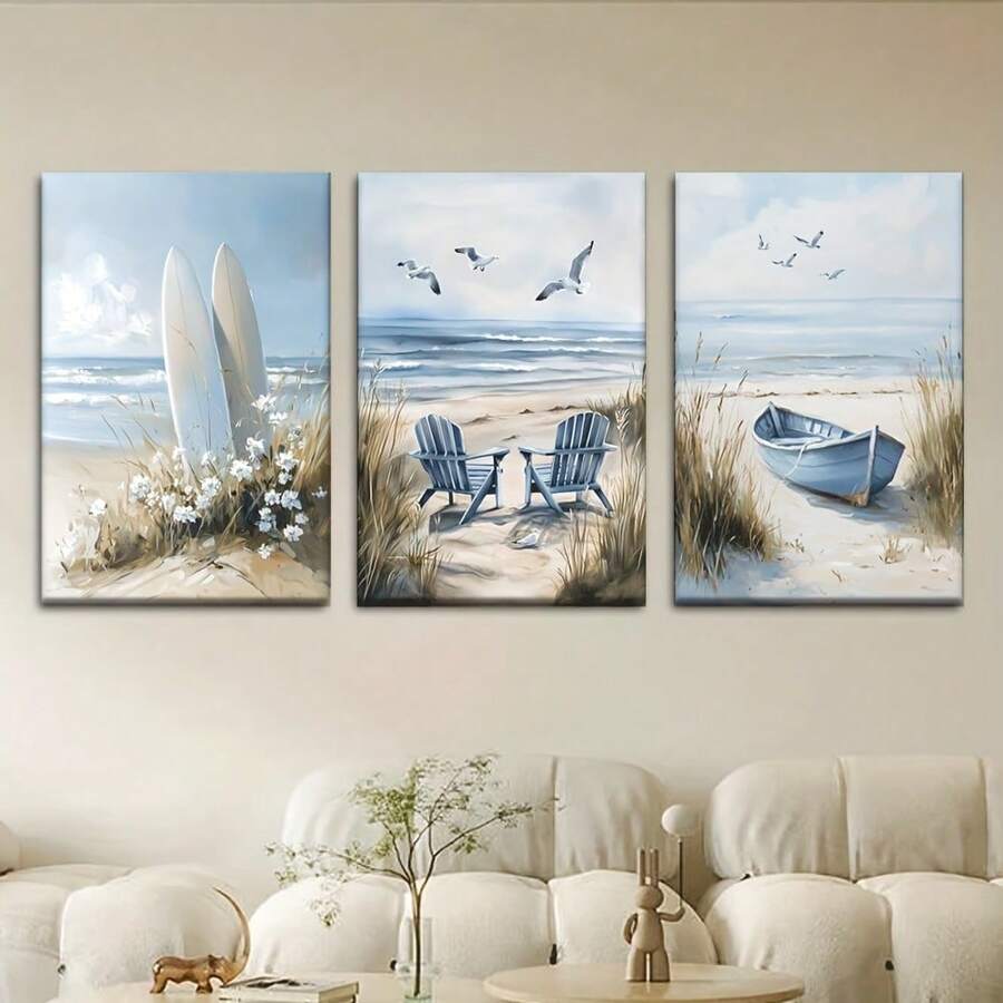 Set de 3 piezas, Pintura en lienzo - Sin marco, Tablas de surf, Sillas, Barcos, Pósters e impresiones, Sala de estar, Biblioteca, Oficina, Cafetería, Bar, Arte abstracto, Regalo perfecto para cumpleaños, días festivos, San Valentín, Pascua