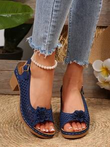 Giày cao gót cổ điển dành cho nữ có họa tiết hoa, phần trên thoáng khí khoét rỗng, khóa kim loại có thể điều chỉnh, phong cách đường phố, mùa hè, màu nâu, đế dày, mũi hở - Xanh đậm - Xem 5