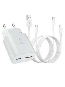 Chargeur USB-C, charge rapide 25W à double port USB-C, avec un câble de charge rapide USB/USB-C vers Type-C de 60W, d'une longueur de 3,3 pi/100 cm, compatible avec la série iPhone 16/15, câble de charge, certifié CE et RoHS, avec ports USB-C et USB-A, pour iPhone 16, 16e, 16 Pro, 15, compatible avec Samsung S25, S24, S23