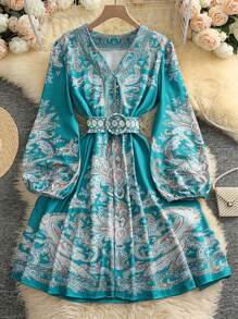 Sukienka damska z krótkim rękawem, modna, z dekoltem w serek, w stylu boho, z nadrukiem na dole i ozdobnymi guzikami, na wiosnę i lato, do noszenia na wycieczce, krótka sukienka