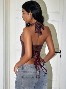 Yuwenier Y2K Punk V Neck Grommet Eyelet Tie Front Corset Crop Halter Top Backless PU Leather Shapewear Tops Concert