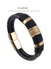 Bracelet élégant tressé double couche pour homme avec fermoir en acier inoxydable doré – Bracelet à la mode en cordon tressé noir, fabriqué à la main