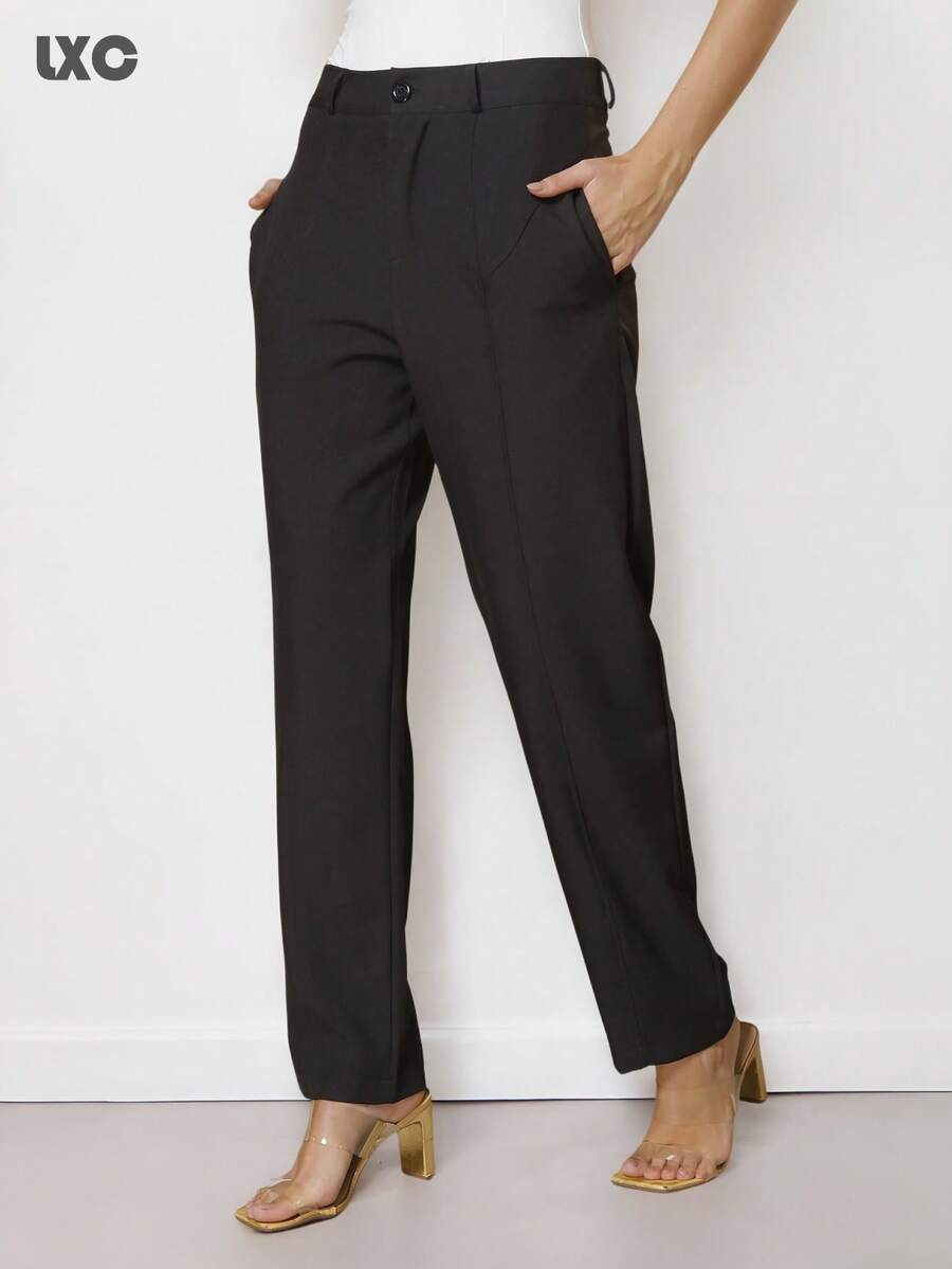 LXC FASHION Calça Reta Feminina tecido Twill elegante adequada para reuniões, trabalho e lazer - Preto - Visão 1